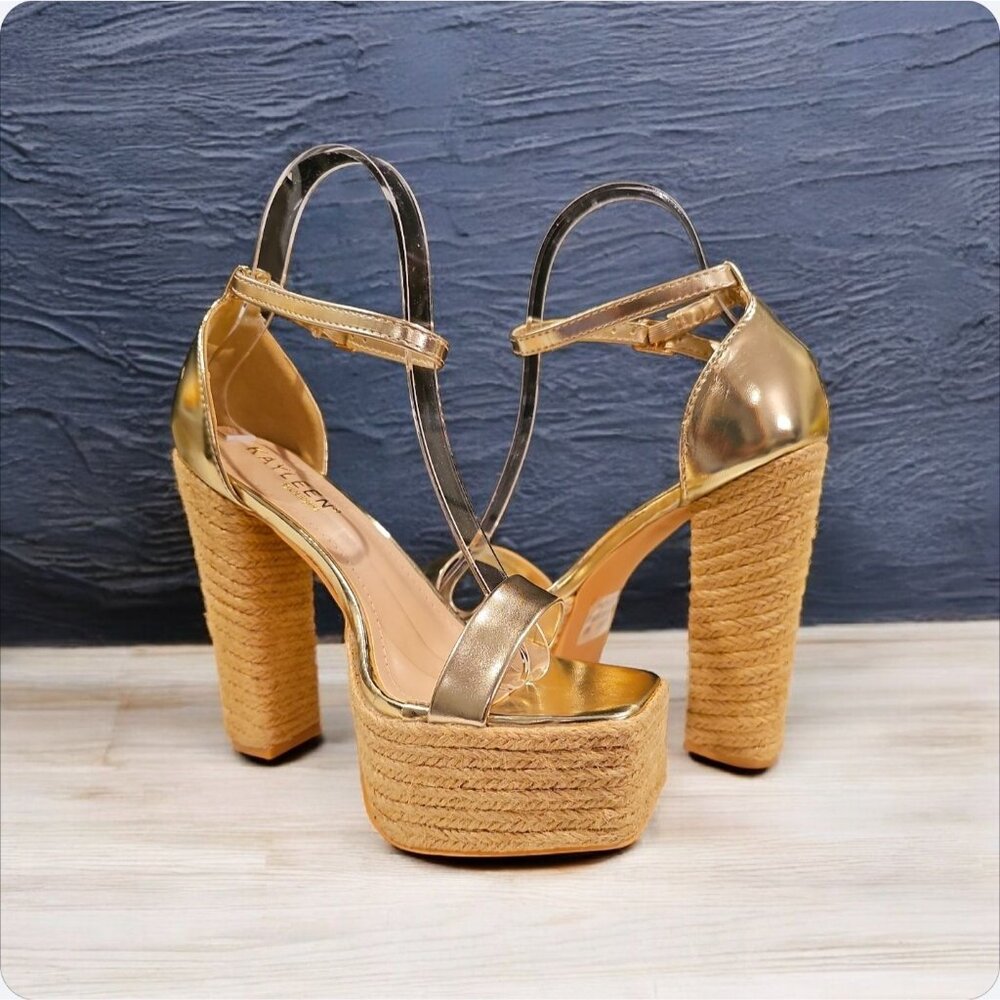 Gold Platform Espadrille High Heel Sandals With Ankle Strap Faux Leather & Braid - Picture 2 of 6